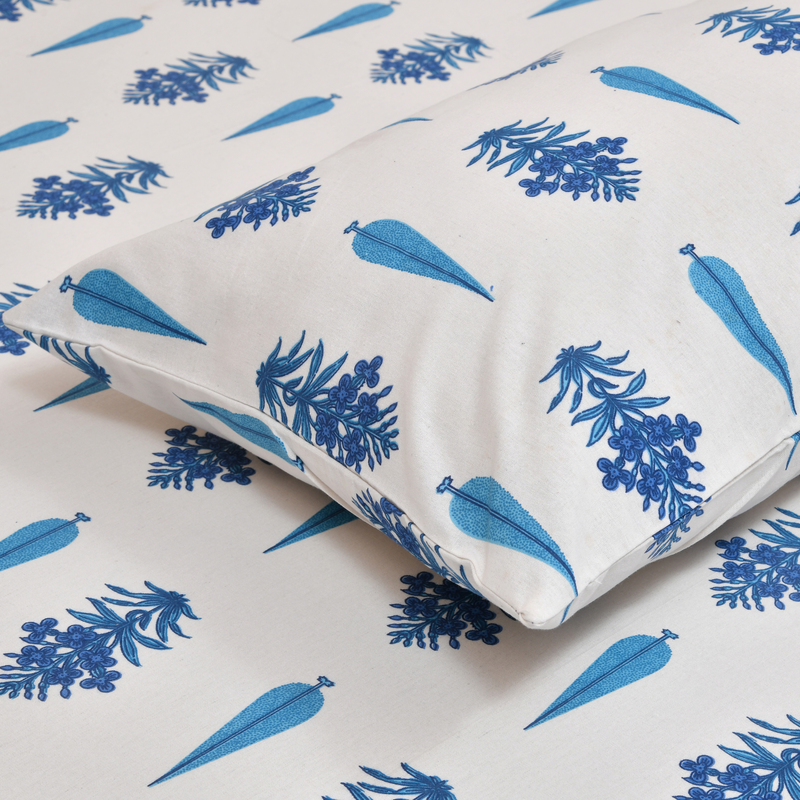 Premium 100% Cotton King Size Bedsheet with 2 Pillow covers 280 TC- 90 x 108 Inches -  Booti blooming Blue